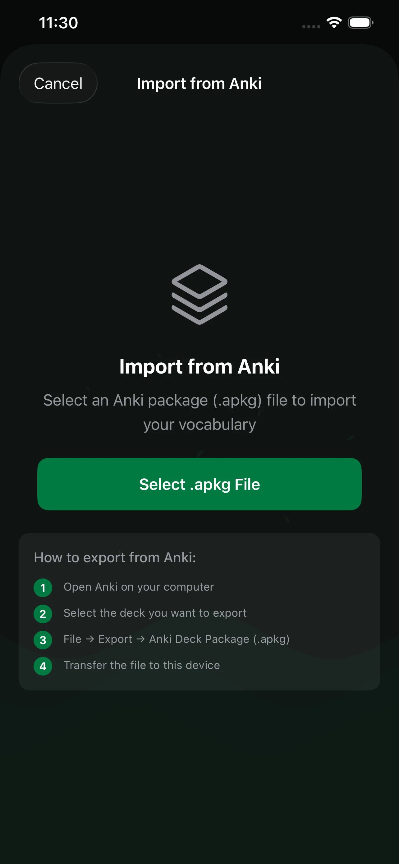 Language Den import screen for importing Anki .apkg deck files