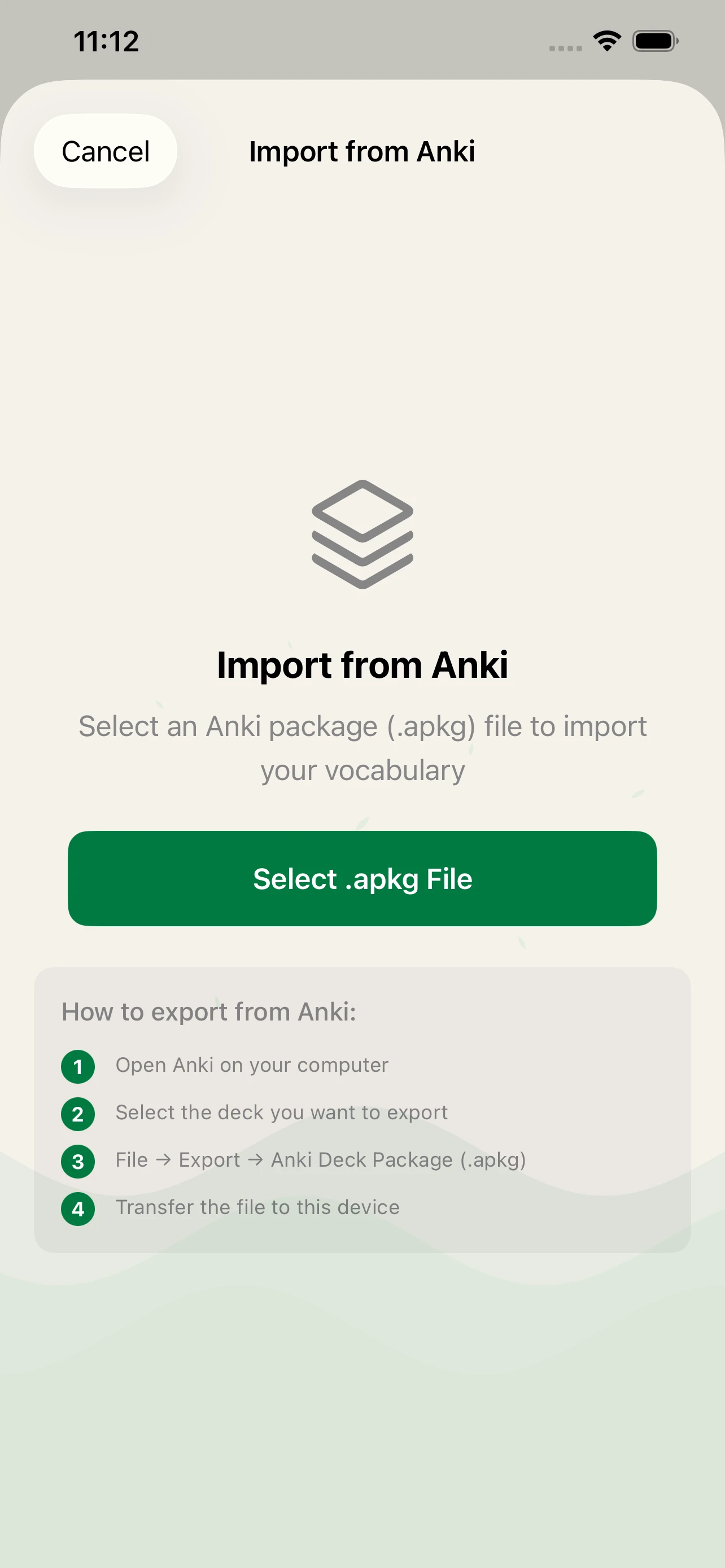 Language Den import screen for importing Anki .apkg deck files