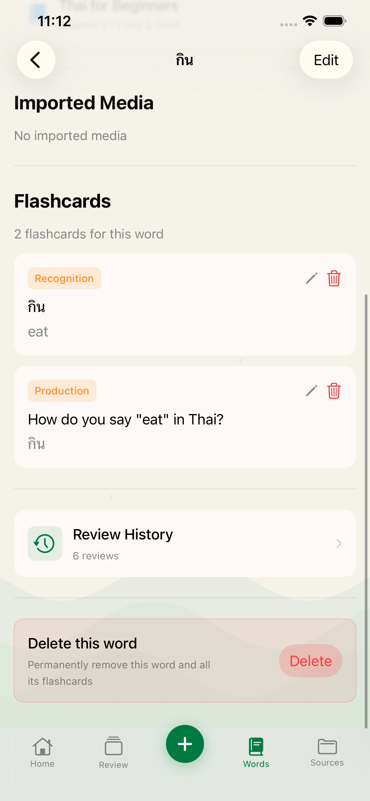 Language Den word detail showing Production and Recognition card types