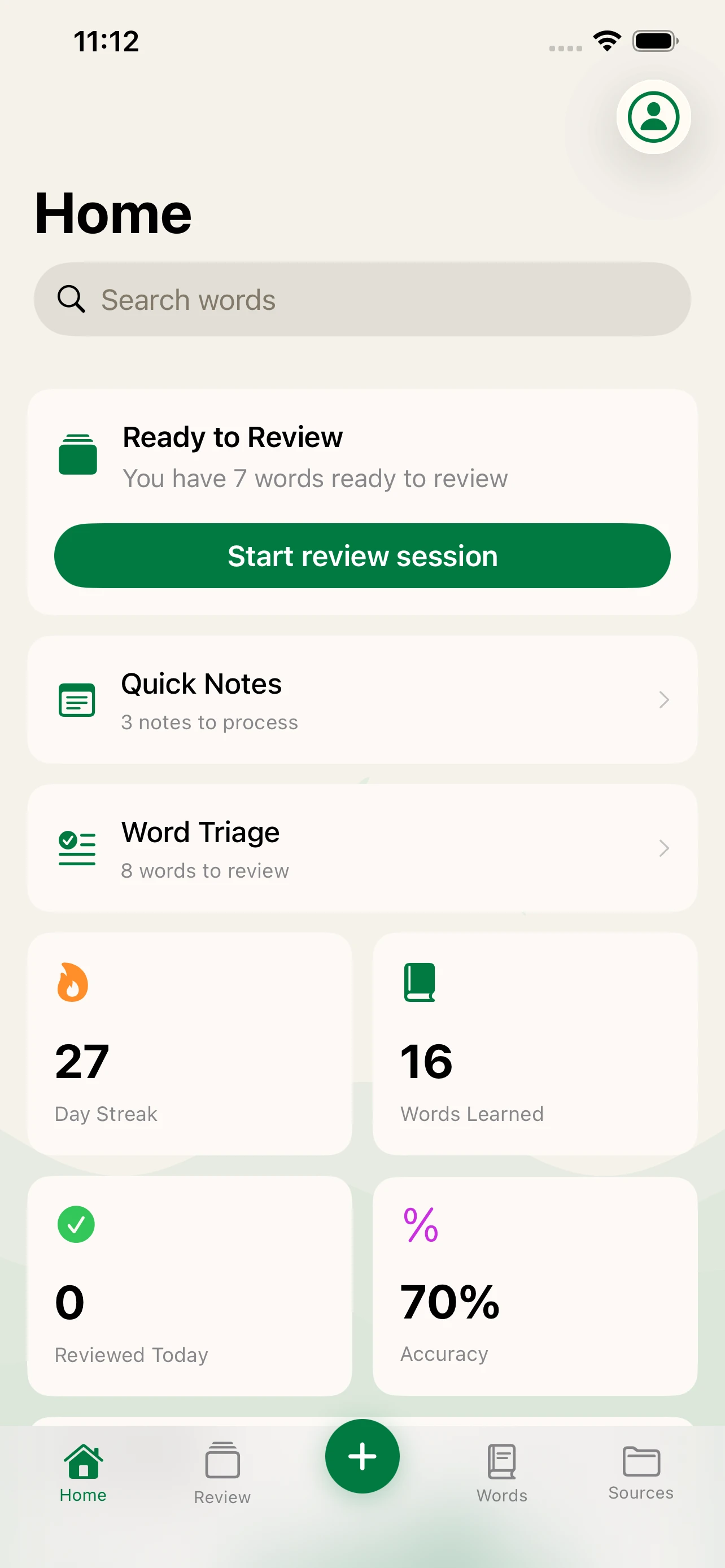 Language Den home screen showing vocabulary decks