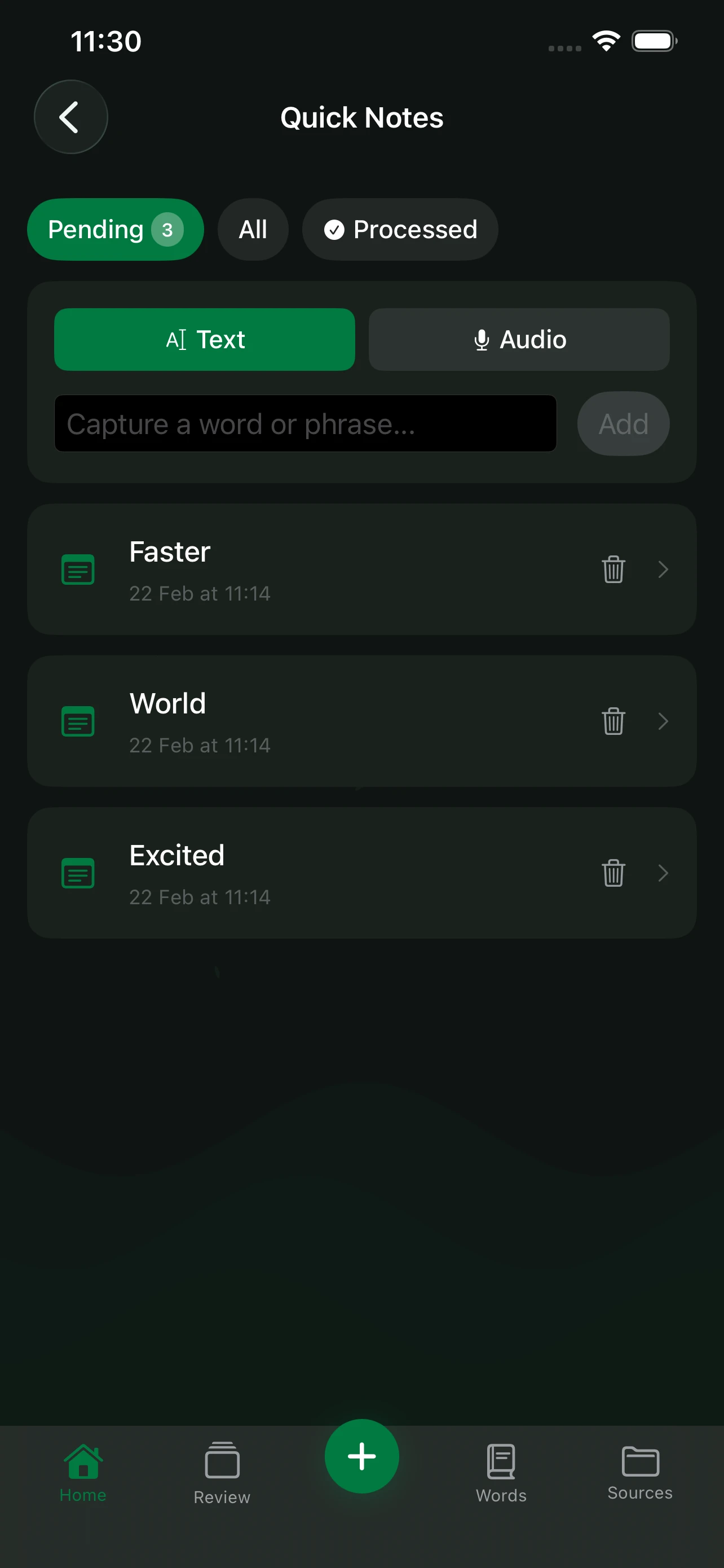 Language Den Quick Notes screen with captured words ready to process