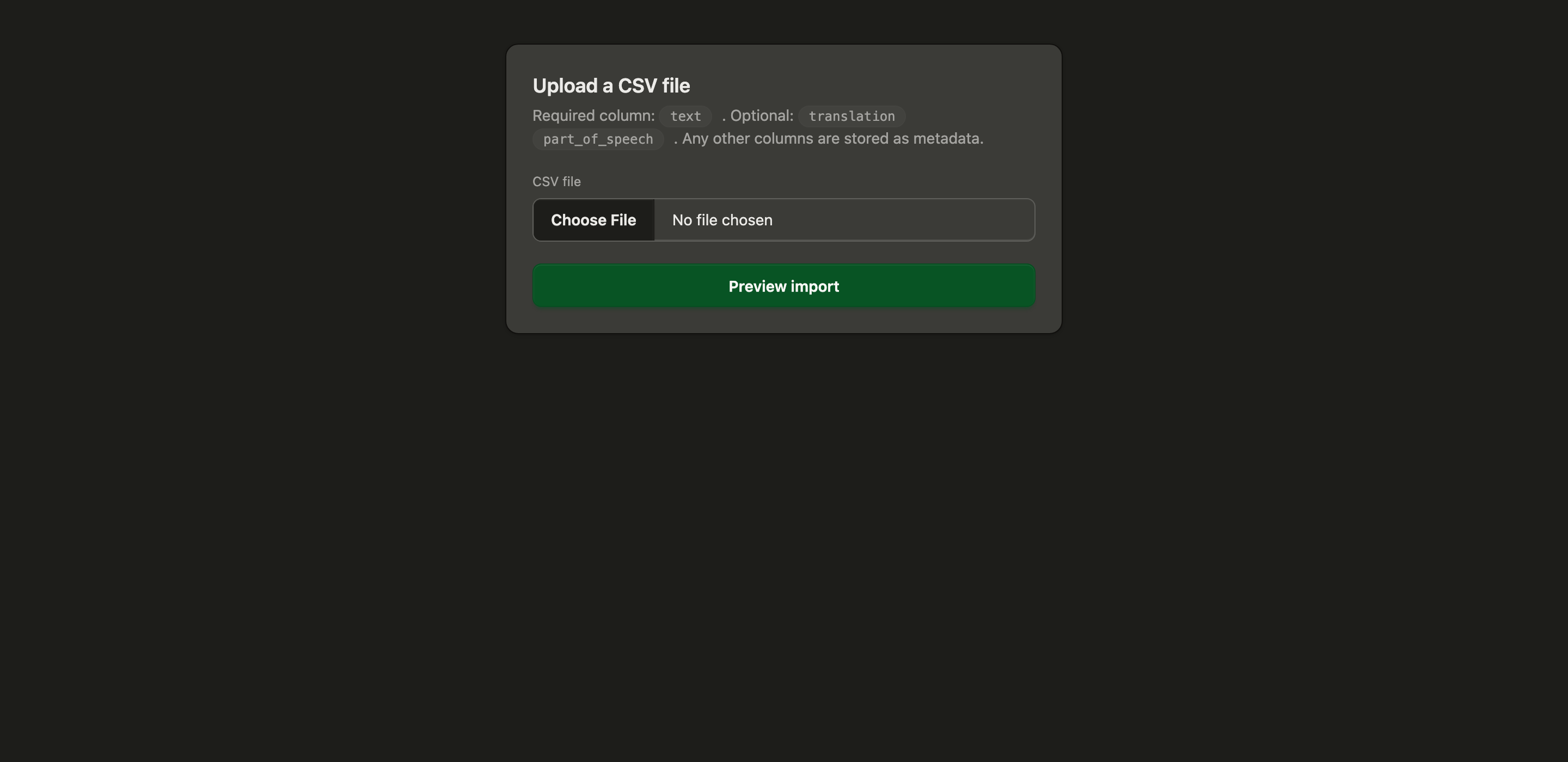 Import screen for Anki .apkg decks and CSV vocabulary files