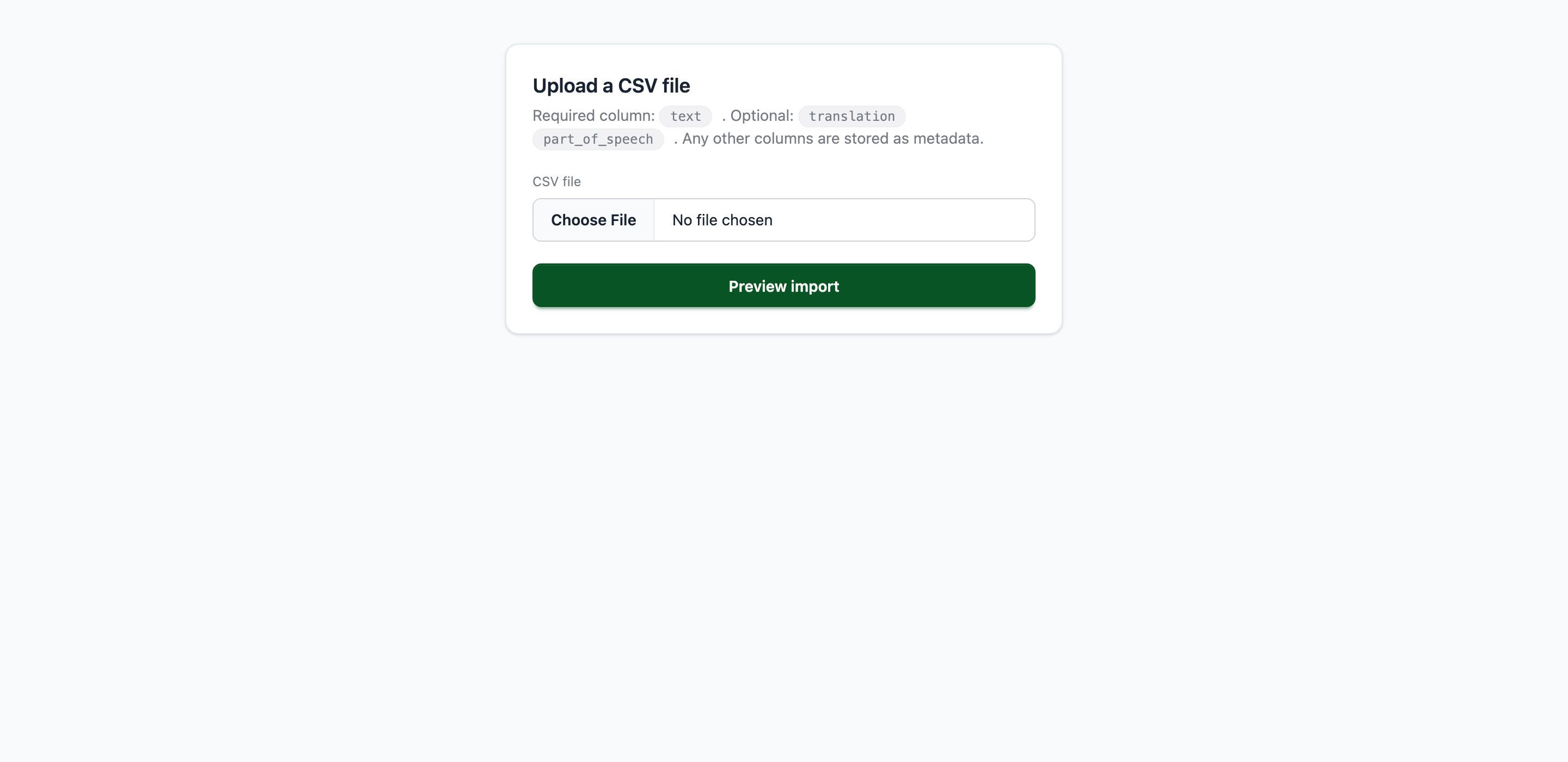 Import screen for Anki .apkg decks and CSV vocabulary files